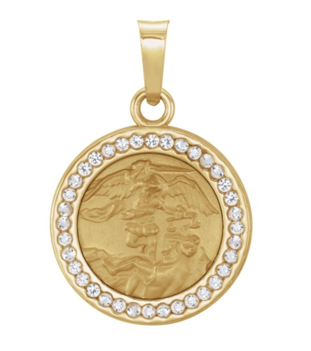 14k Yellow Gold Round St. Michael Medal with Lab-Created White Sapphires (14 MM)