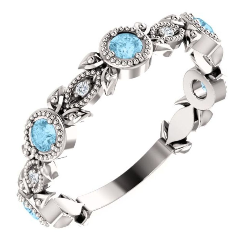 Diamond and Aquamarine Leaf Ring, Rhodium-Plated 14k White Gold