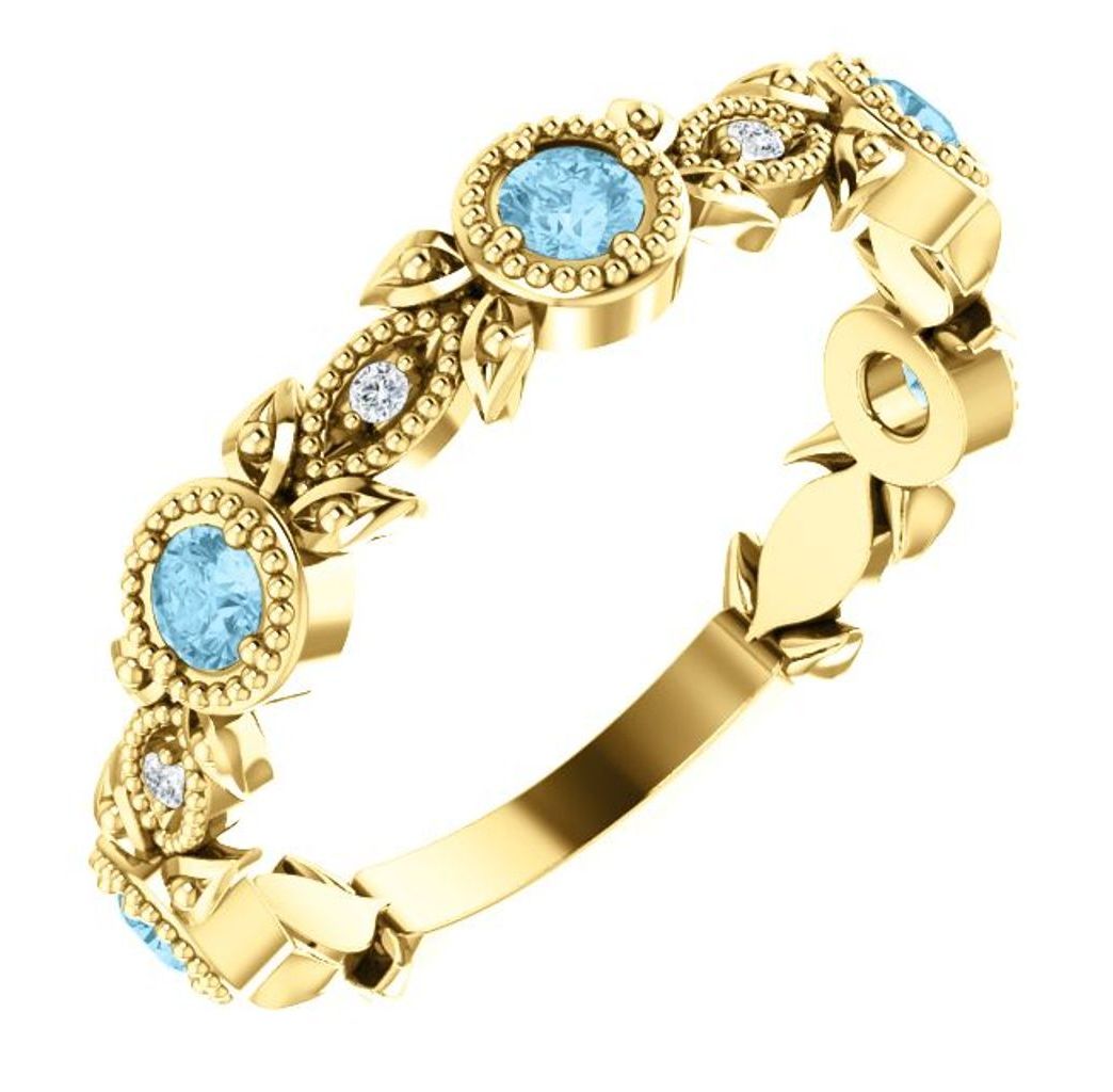 Diamond and Aquamarine Leaf Ring, 14k Yellow Gold