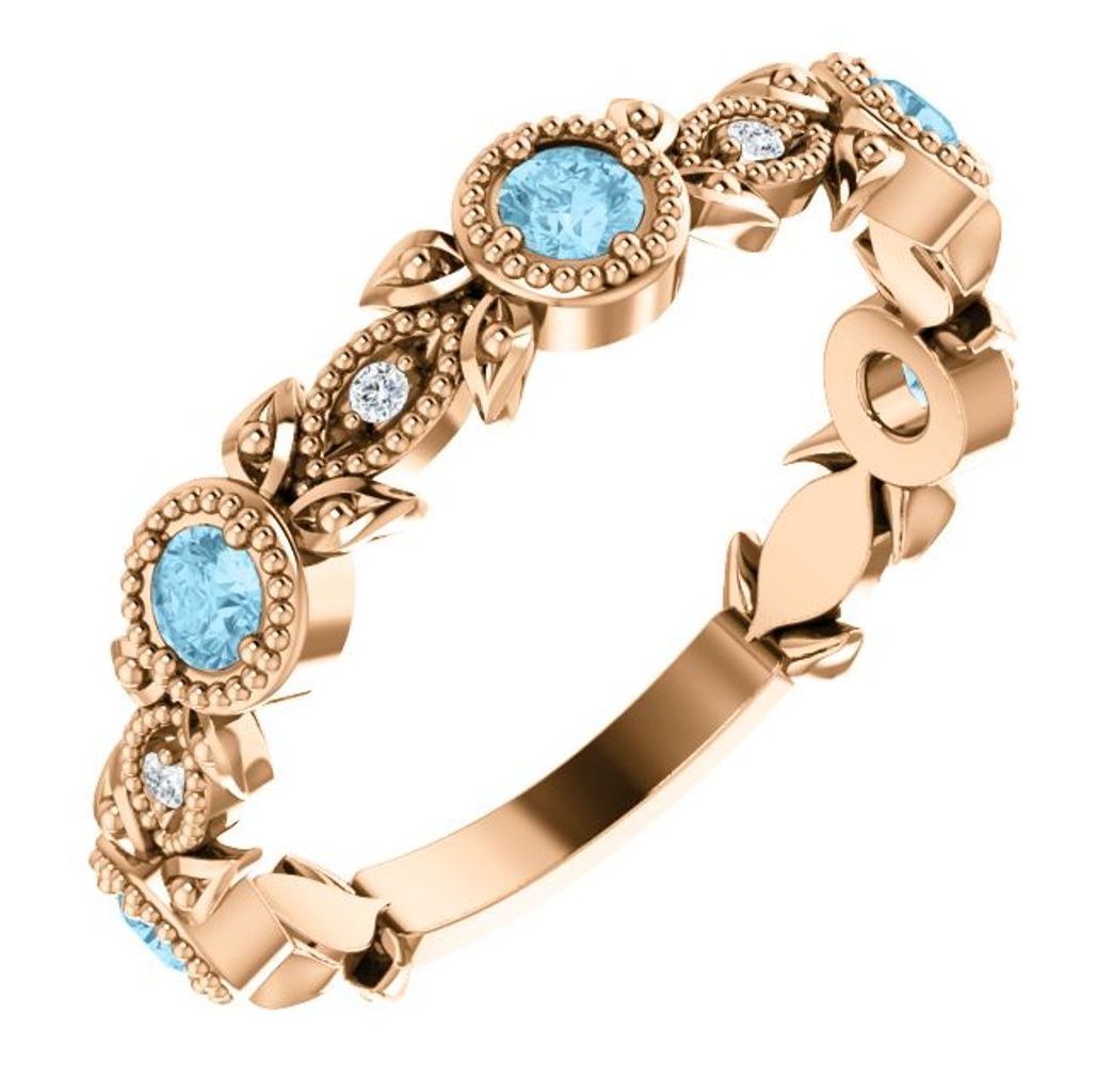 Diamond and Aquamarine Leaf Ring, 14k Rose Gold 