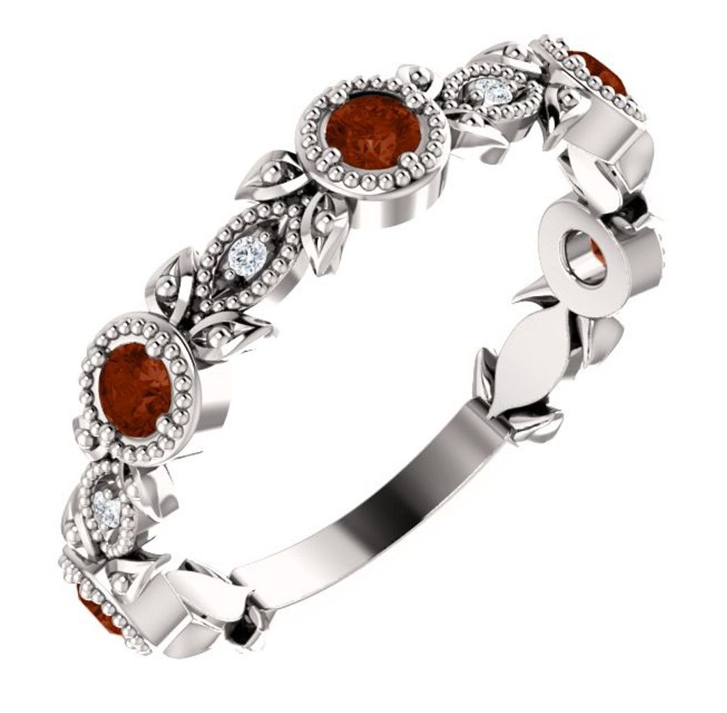 Diamond and Mozambique Garnet Leaf Ring, Rhodium-Plated 14k White Gold