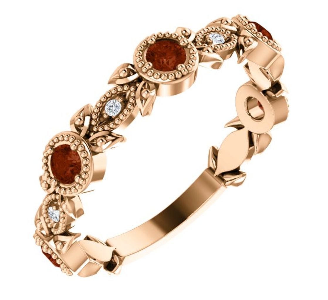 Diamond and Mozambique Garnet Leaf Ring, 14k Rose Gold