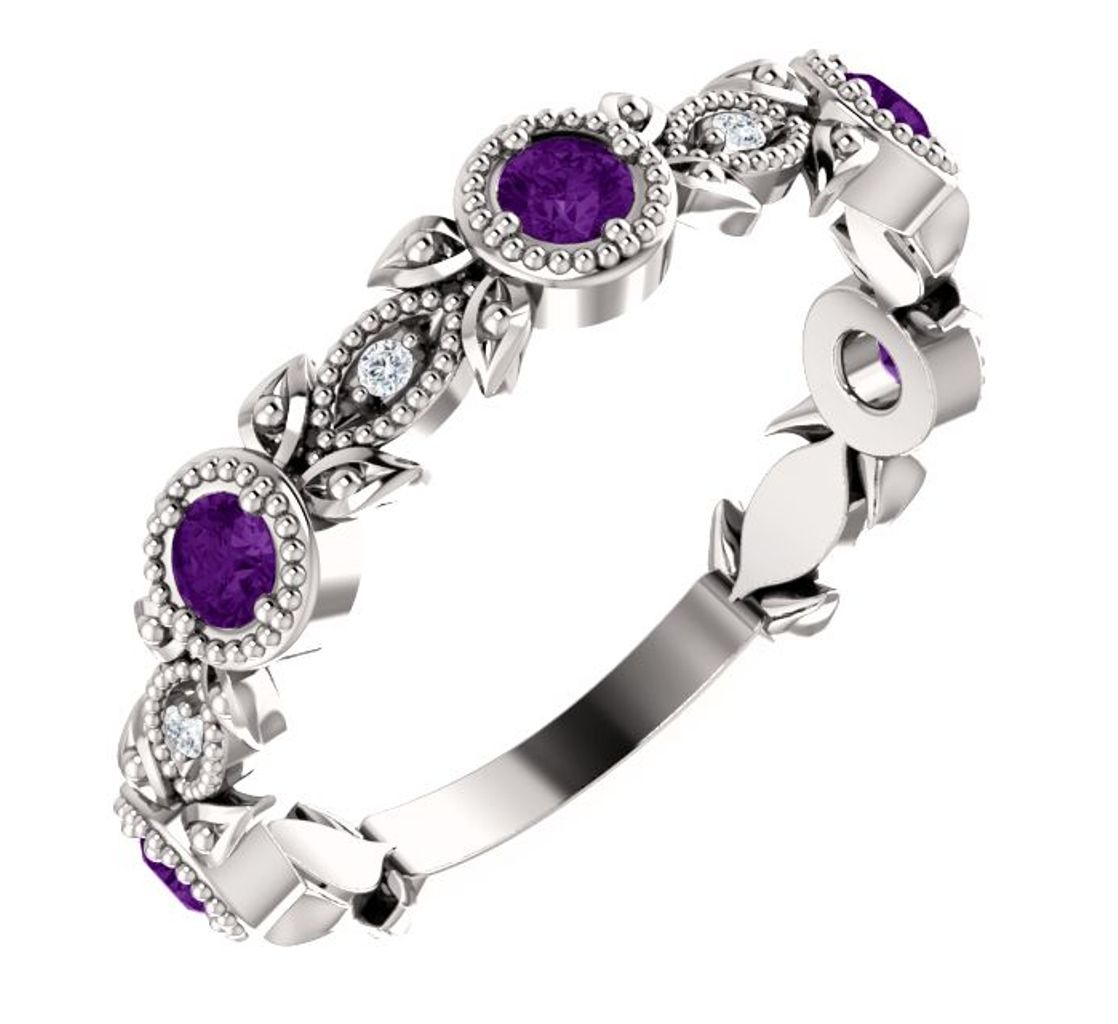 Diamond and Amethyst Leaf Ring, Rhodium-Plated 14k White Gold
