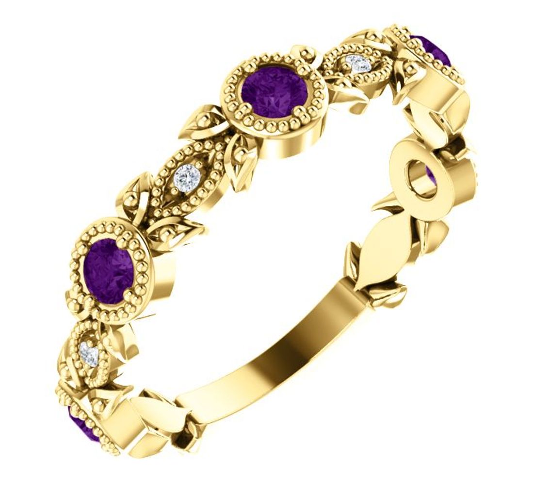  Diamond and Amethyst Leaf Ring, 14k Yellow Gold