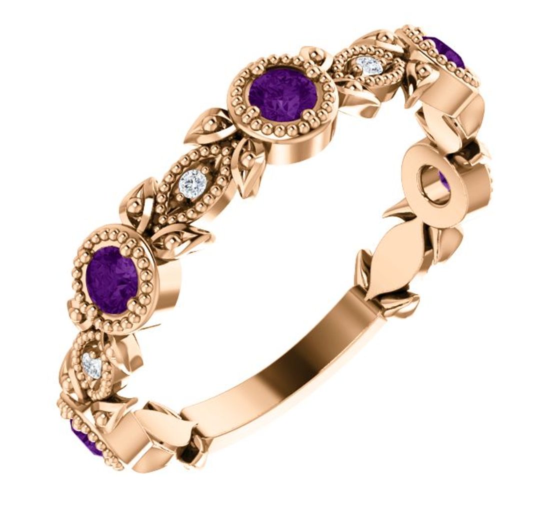 Diamond and Amethyst Leaf Ring, 14k Rose Gold 