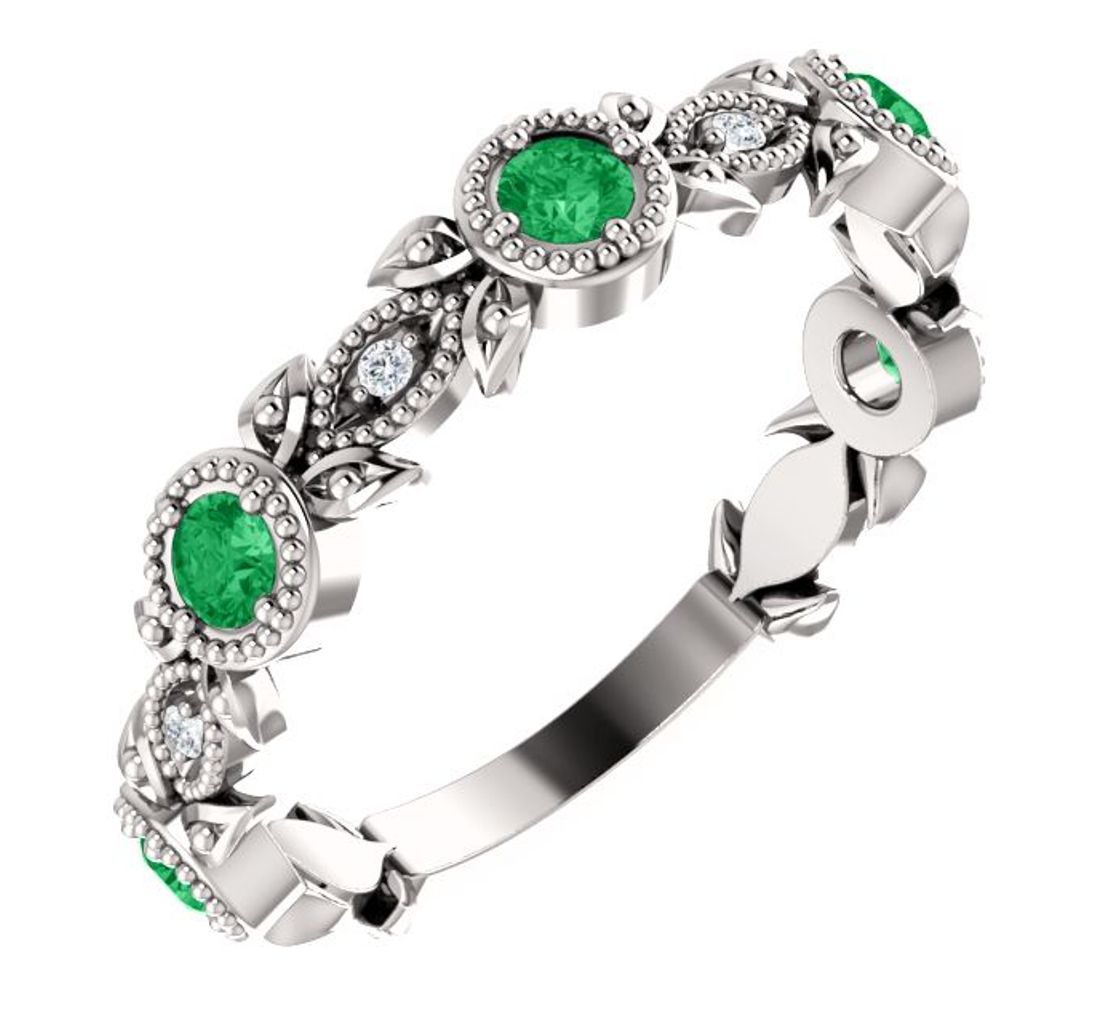 Diamond and Emerald Leaf Ring, Rhodium-Plated 14k White Gold