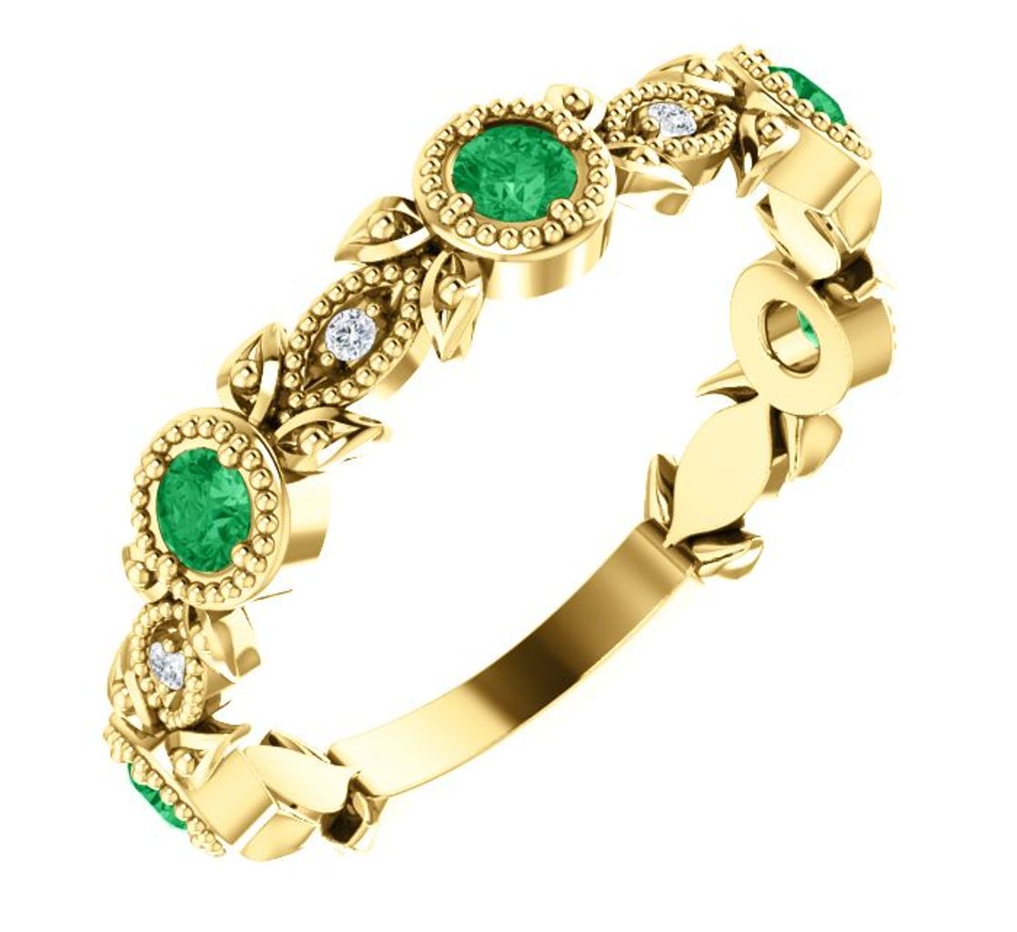 Diamond and Emerald Leaf Ring , 14k Yellow Gold