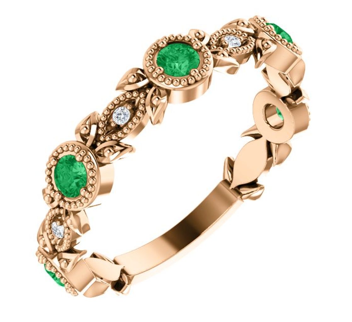 Diamond and Created Emerald Leaf Ring, 14k Rose Gold