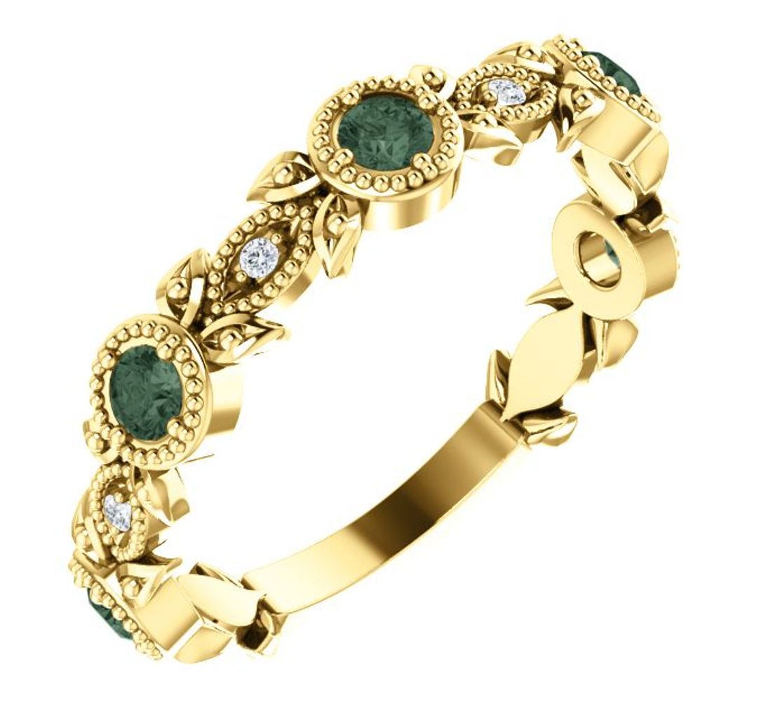 Diamond and Created Alexandrite Leaf Ring 14k Yellow Gold