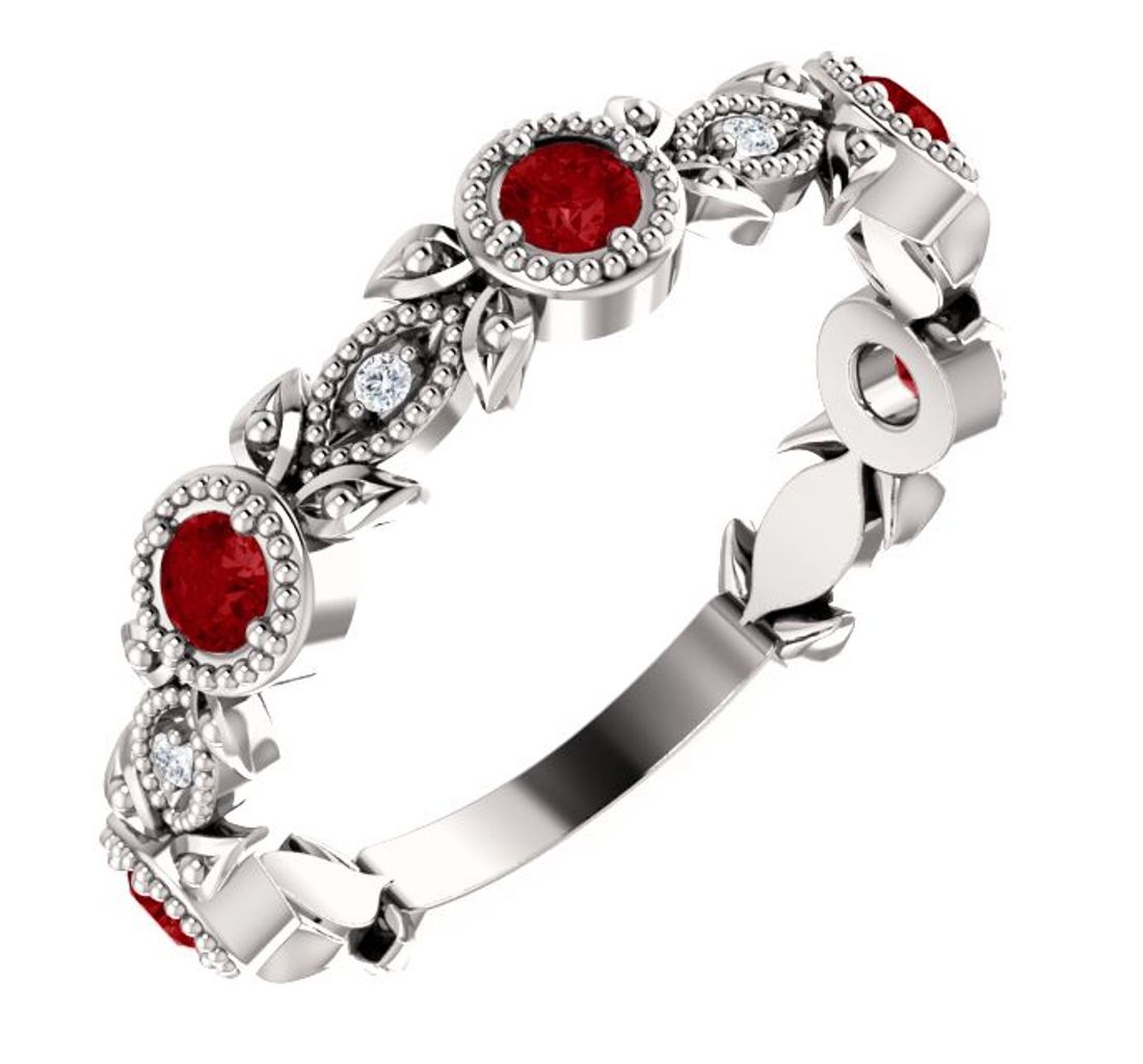 Diamond and Ruby Leaf Ring, Rhodium-Plated 14k White Gold  