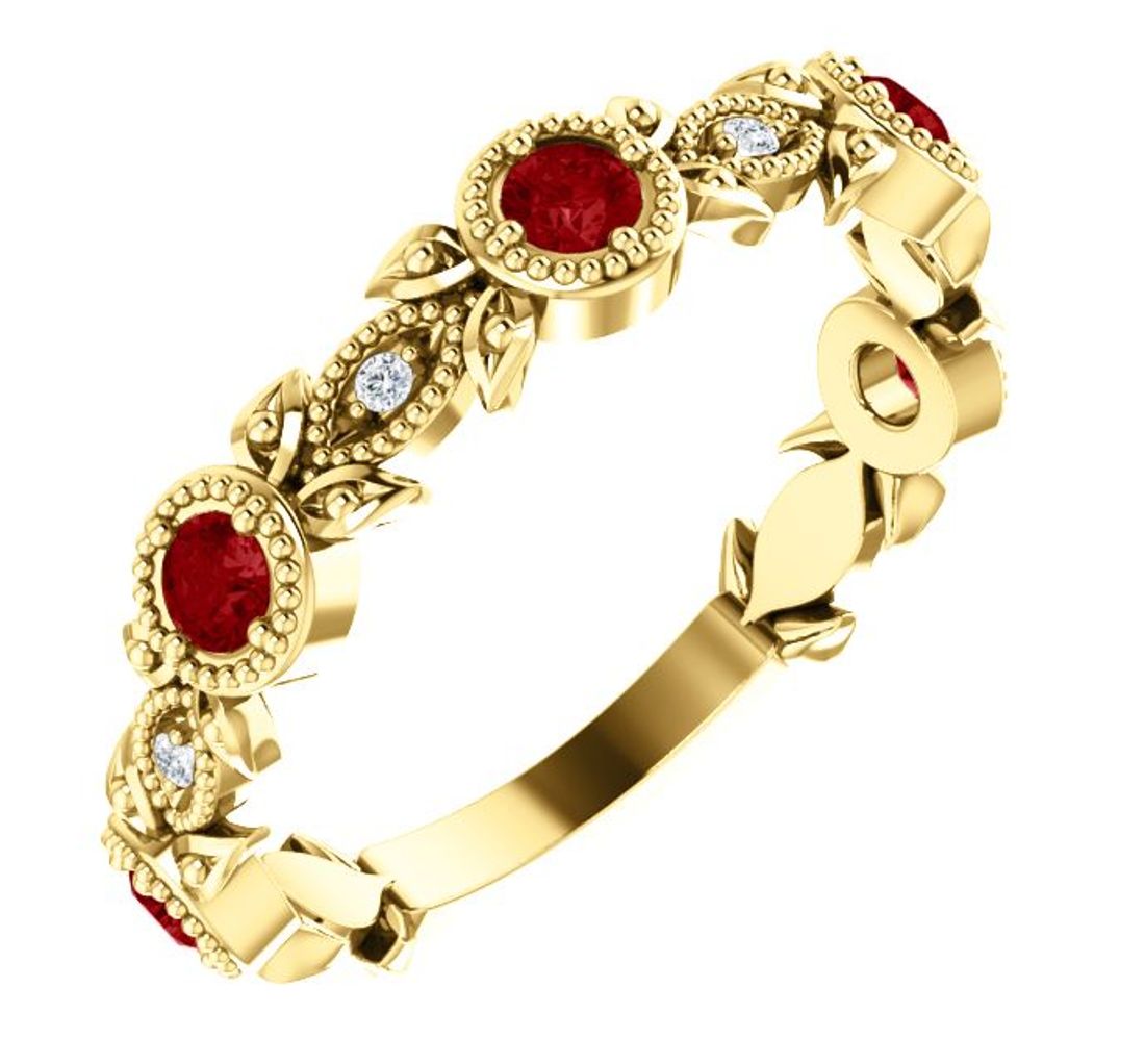 Diamond and Ruby Leaf Ring, 14k Yellow Gold