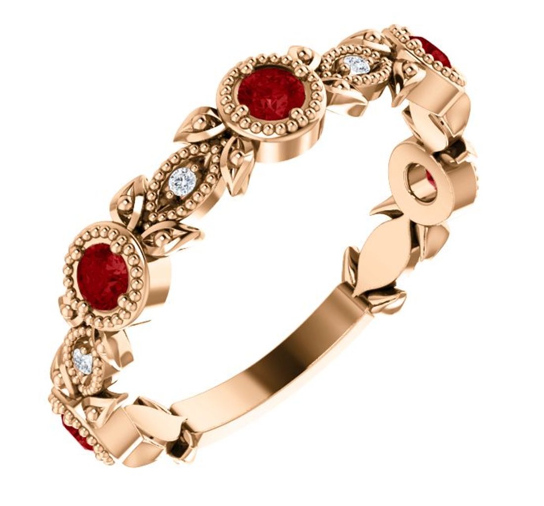 Diamond and Ruby Leaf Ring, 14k Rose Gold 