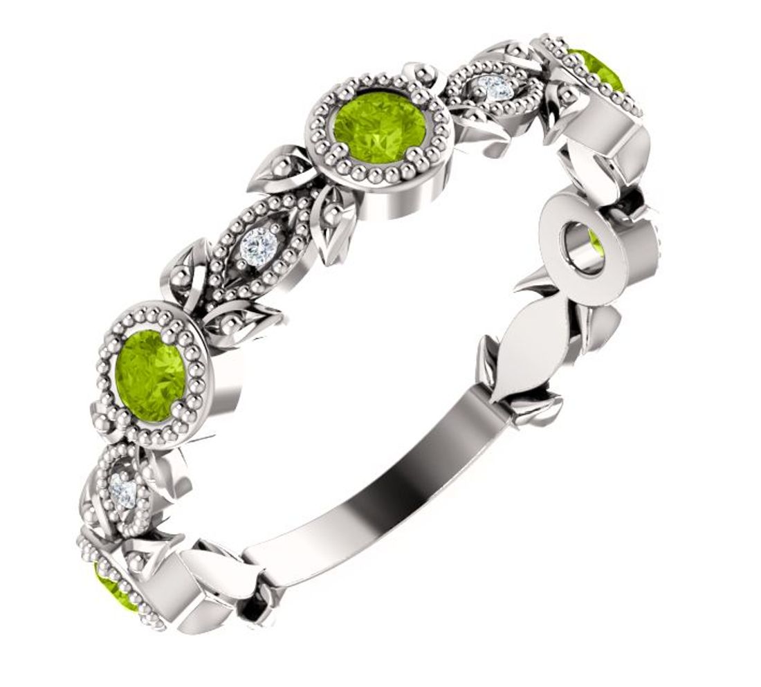  Diamond and Peridot Leaf Ring, Rhodium-Plated 14k White Gold 