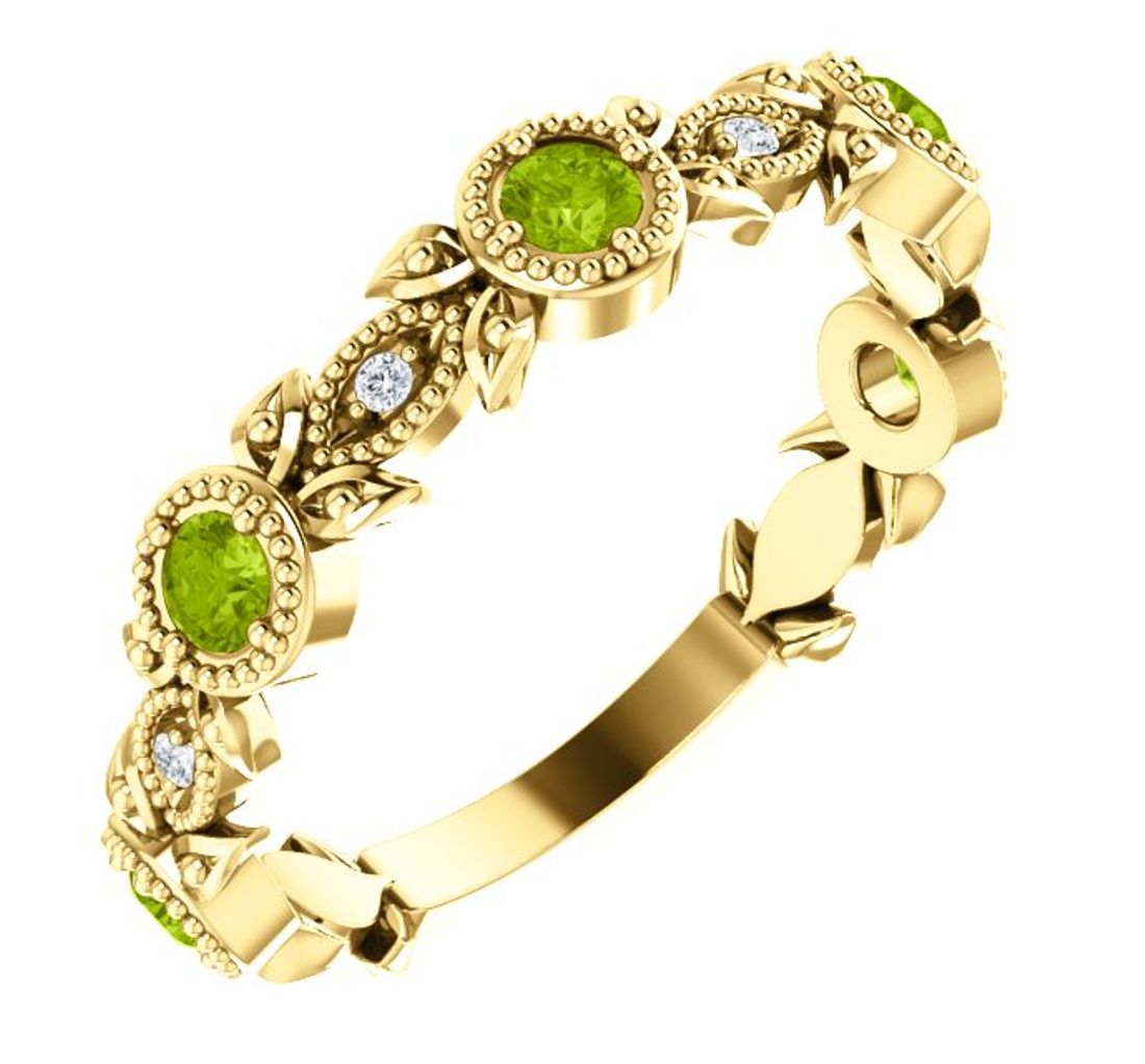 Diamond and Peridot Leaf Ring , 14k Yellow Gold