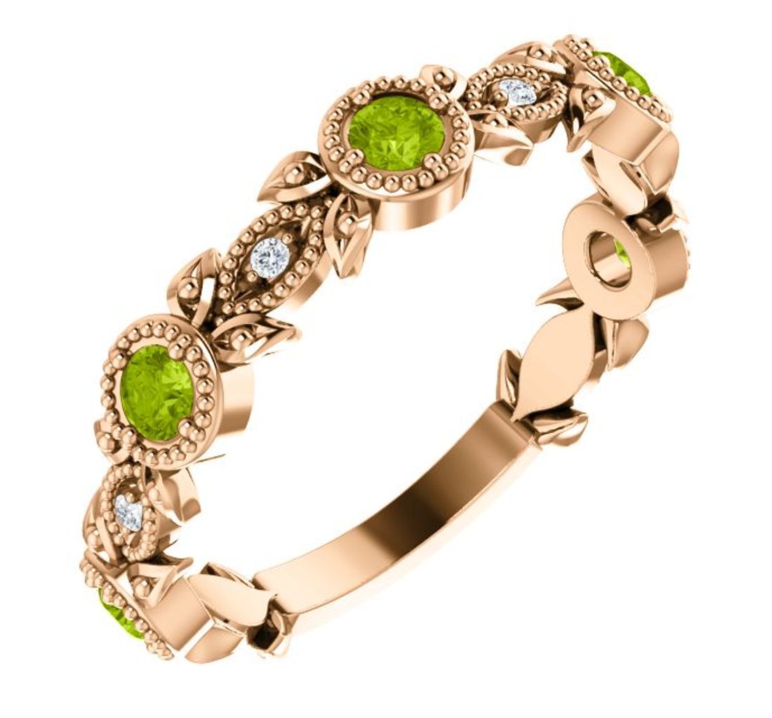 Diamond and Peridot Leaf Ring, 14k Rose Gold 