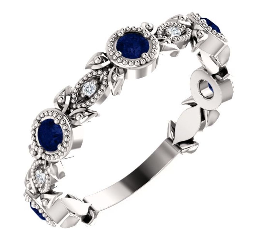 Diamond and Blue Sapphire Leaf Ring, Rhodium-Plated 14k White Gold 