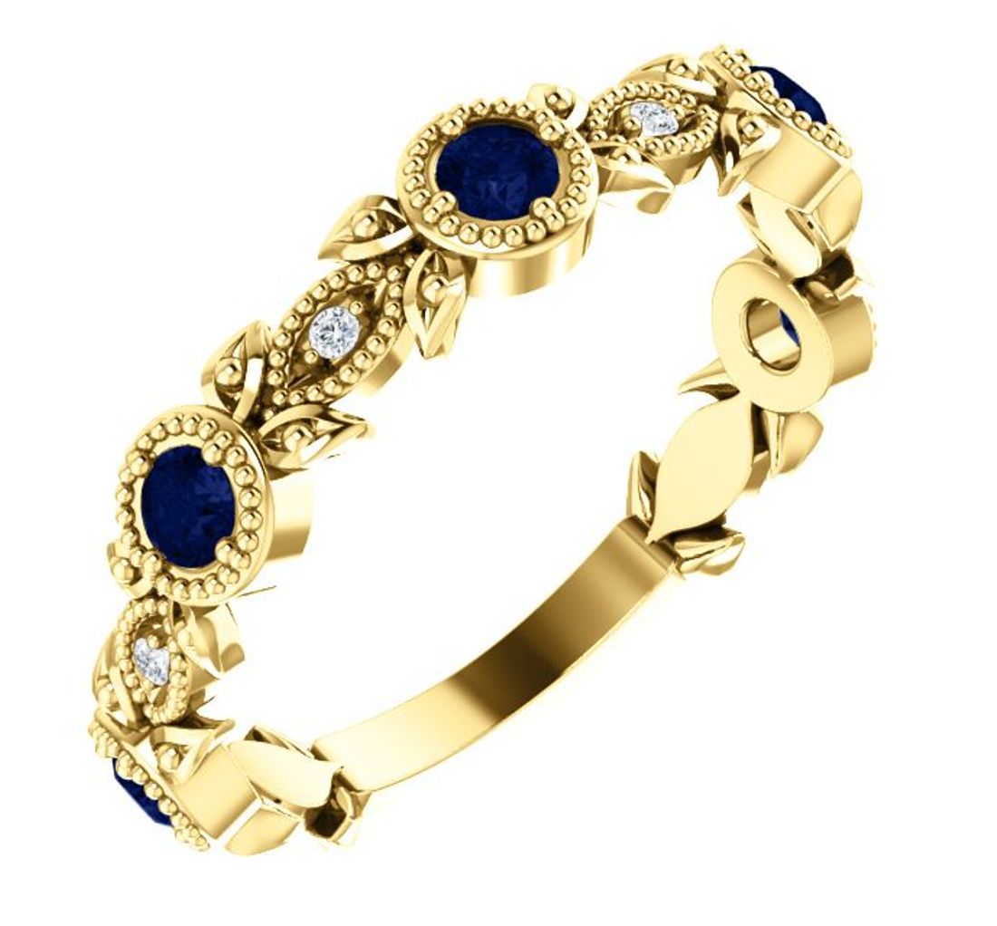 Diamond and Blue Sapphire Leaf Ring, 14k Yellow Gold