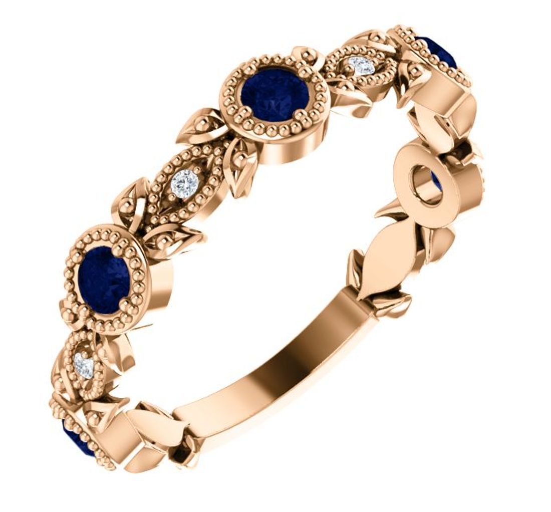 Diamond and Blue Sapphire Leaf Ring, 14k Rose Gold