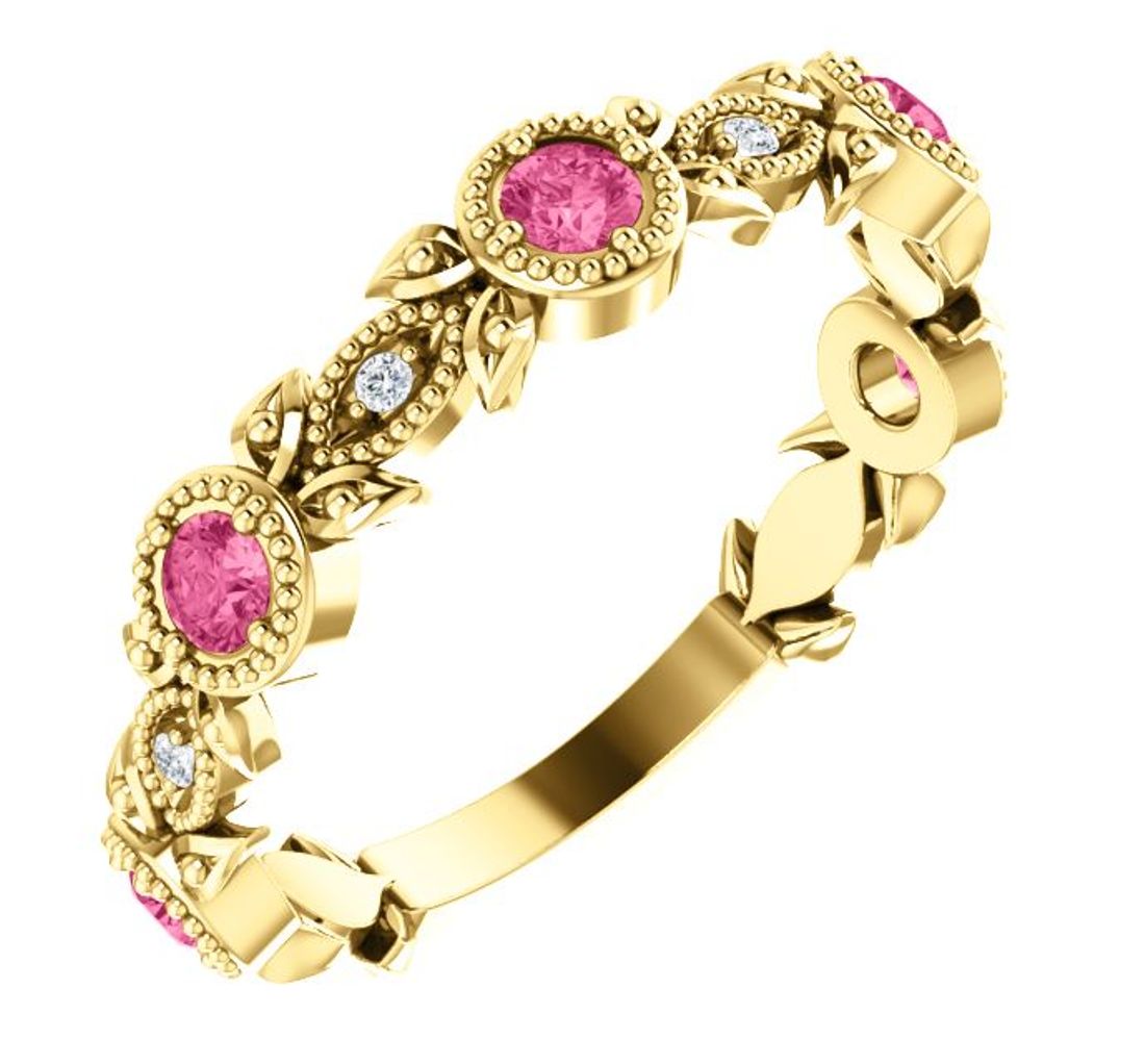 Diamond and Pink Tourmaline Leaf Ring, 14k Yellow Gold 