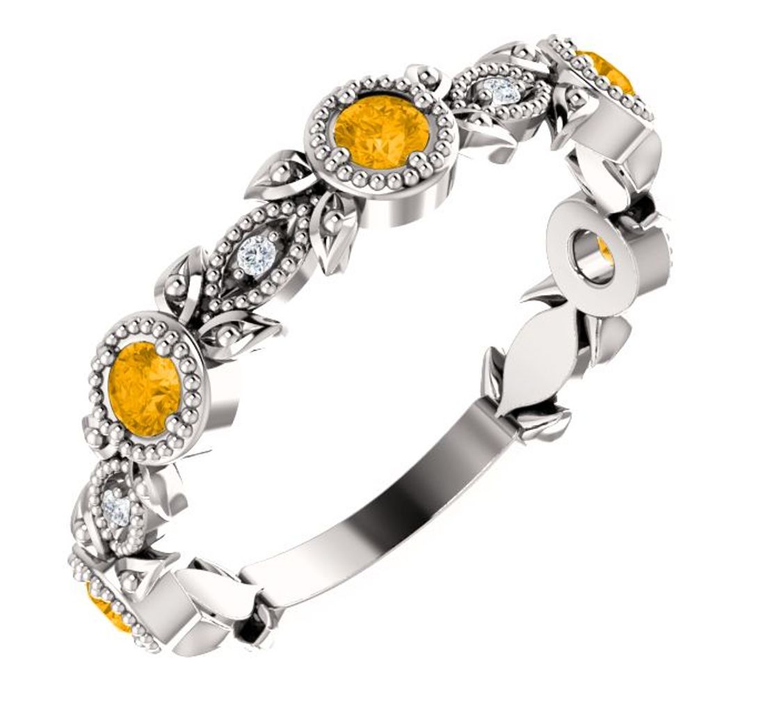 Diamond and Citrine Leaf Ring, Rhodium-Plated 14k White Gold  