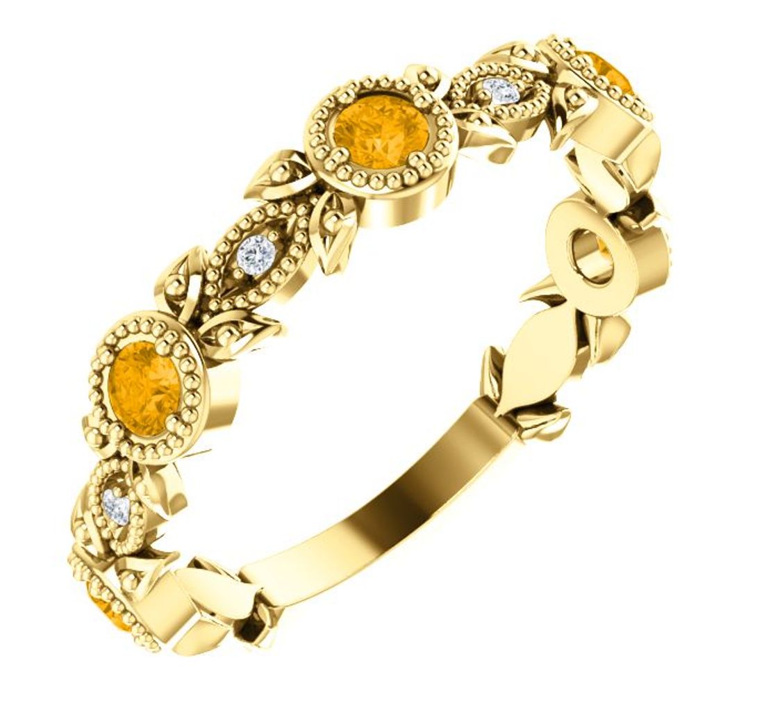 Diamond and Citrine Leaf Ring, 14k Yellow Gold
