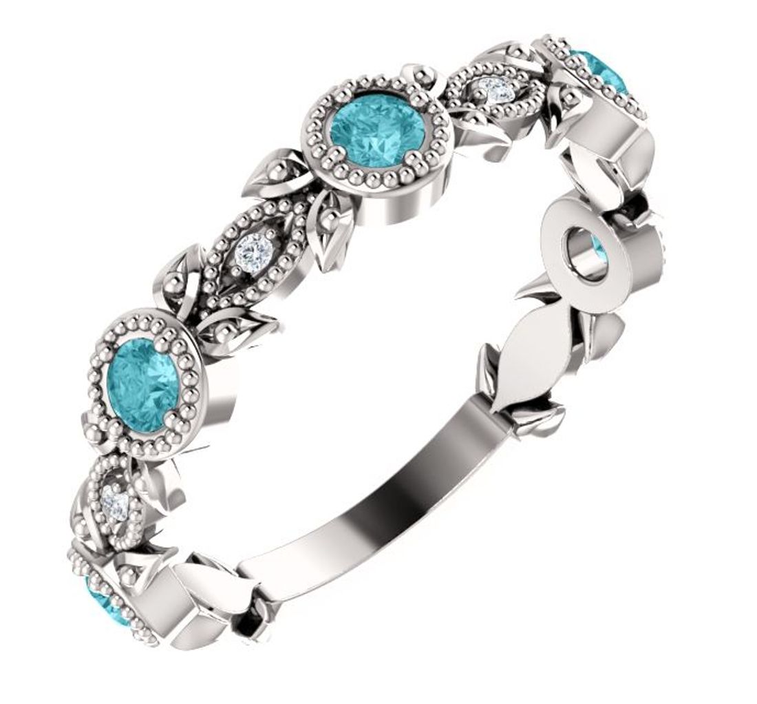 Diamond and Blue Zircon Leaf Ring , Rhodium-Plated 14k White Gold  