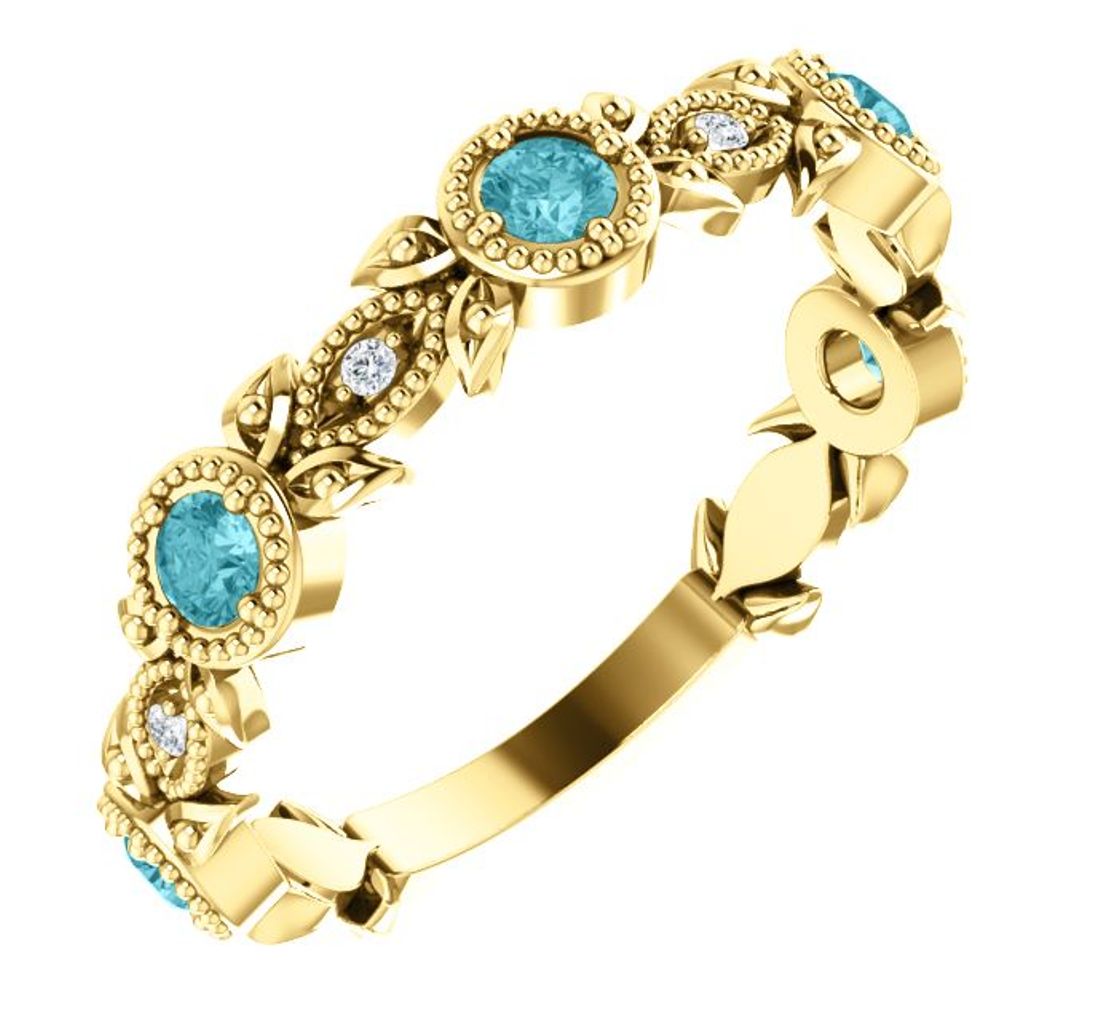 Diamond and Blue Zircon Leaf Ring,14k Yellow Gold