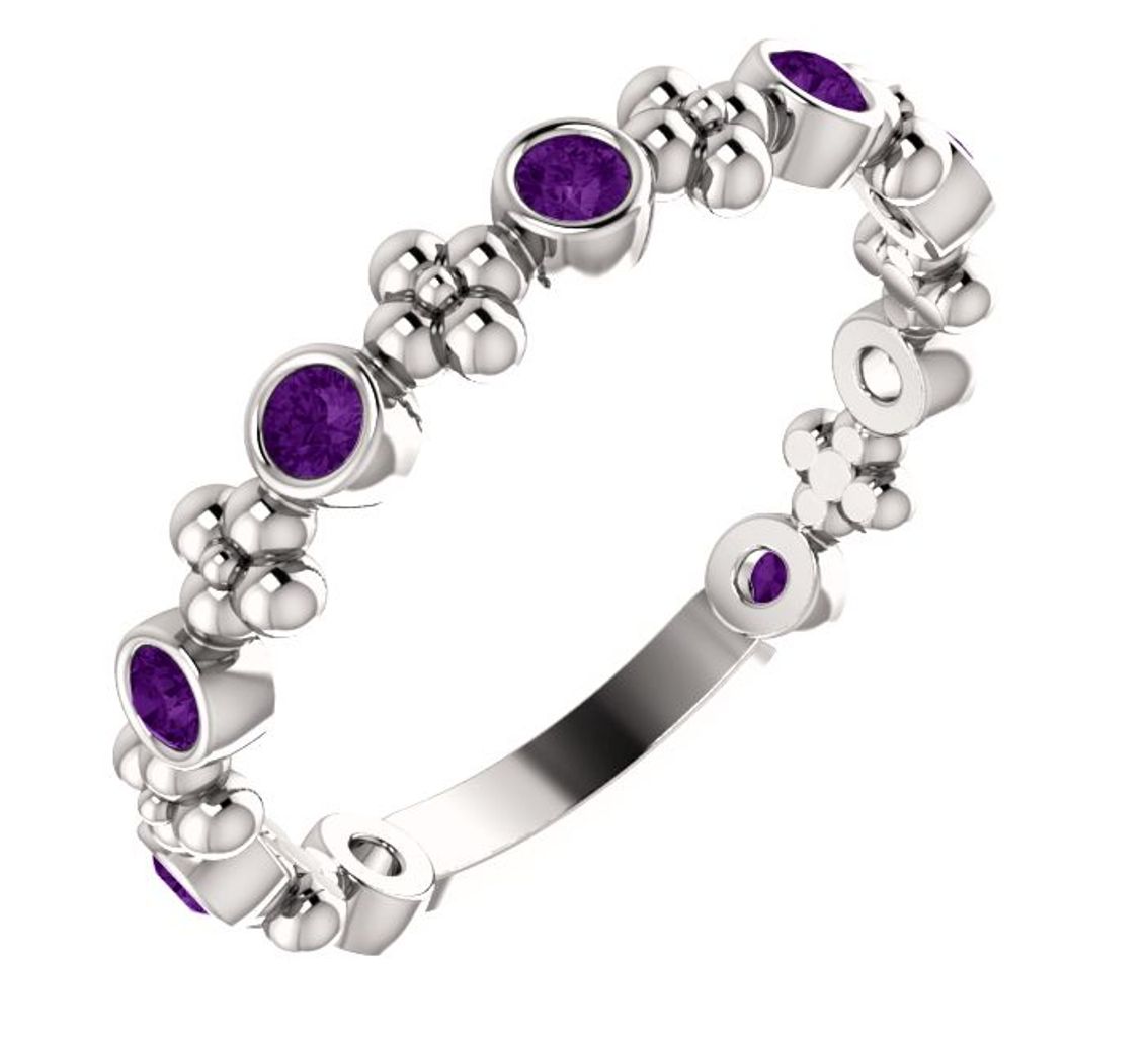  Genuine Amethyst Beaded Ring, Rhodium-Plated 14k White Gold
