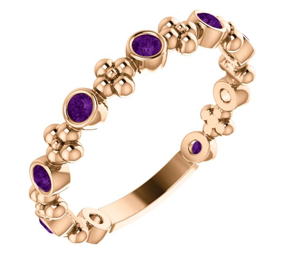 Genuine Amethyst Beaded Ring, 14k Rose Gold 
