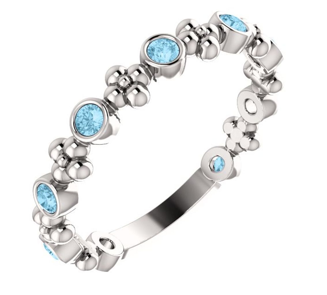  Genuine Aquamarine Beaded Ring, Rhodium-Plated 14k White Gold 
