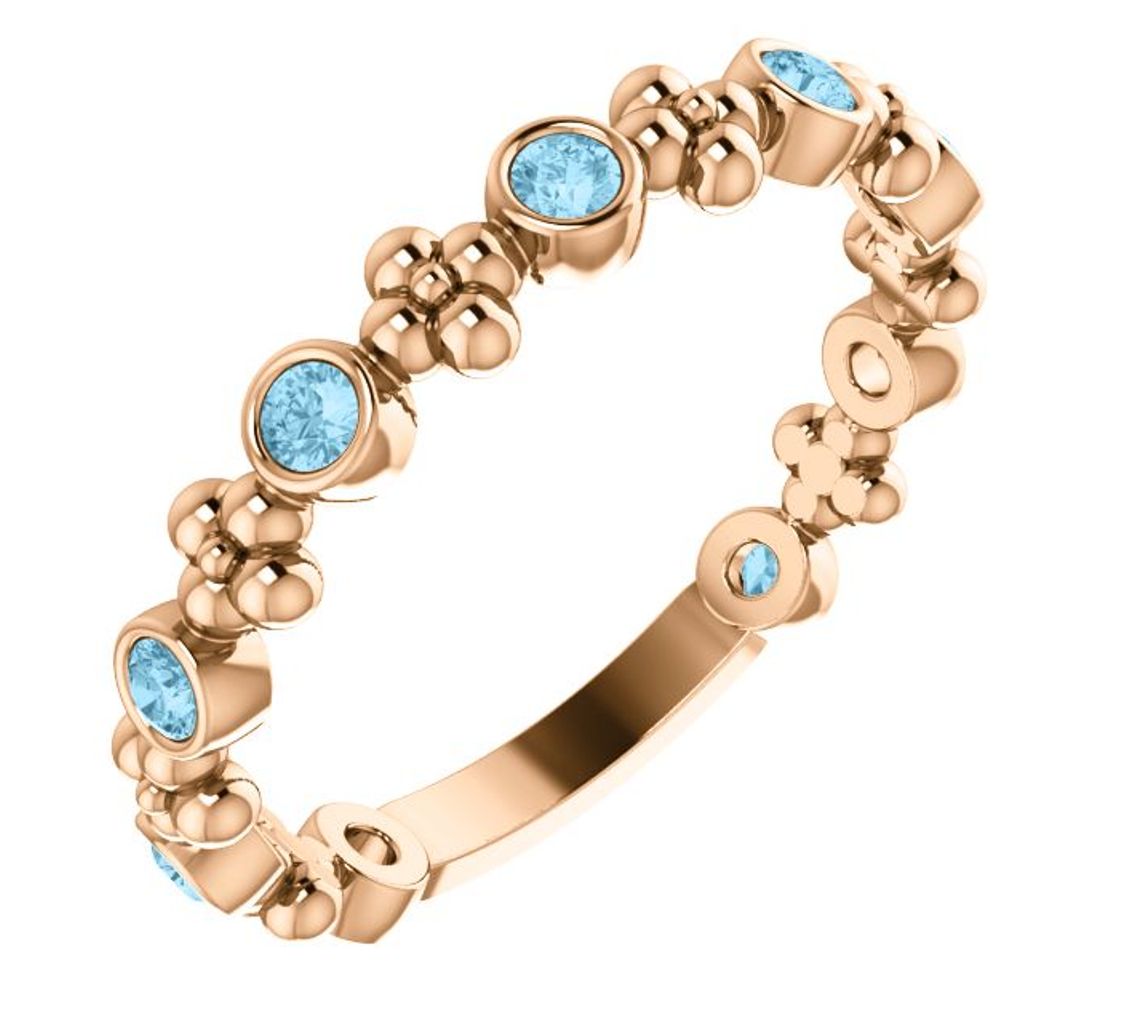  Genuine Aquamarine Beaded Ring, 14k Rose Gold 
