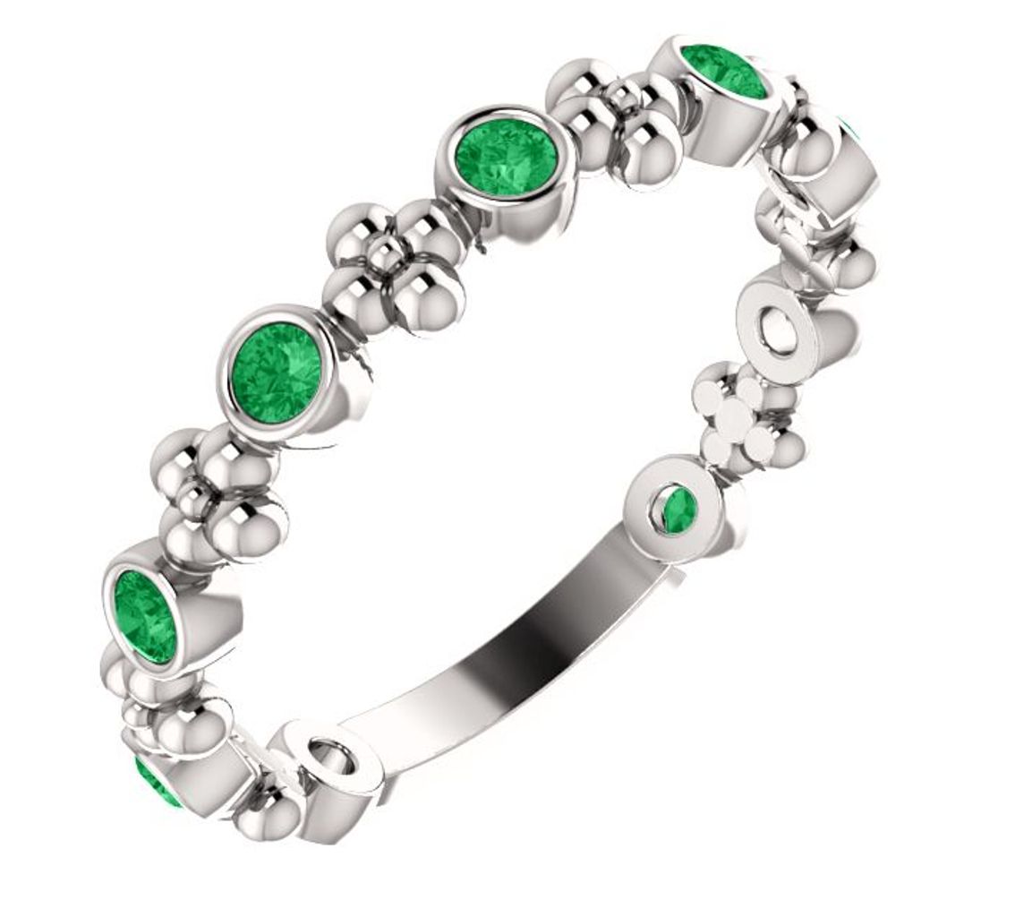  Genuine Emerald Beaded Ring , Rhodium-Plated 14k White Gold
