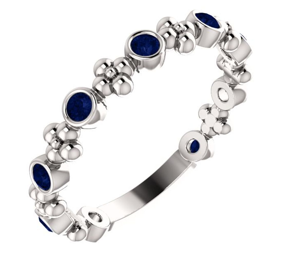 Created Blue Sapphire Beaded Ring, Rhodium-Plated 14k White Gold 
