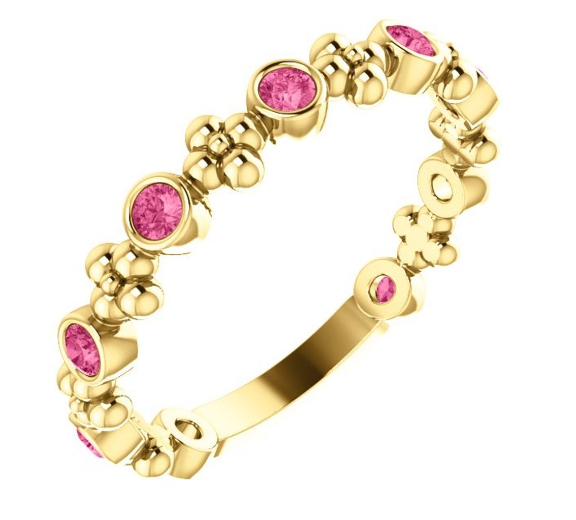 Genuine Pink Tourmaline Beaded Ring, 14k Yellow Gold
