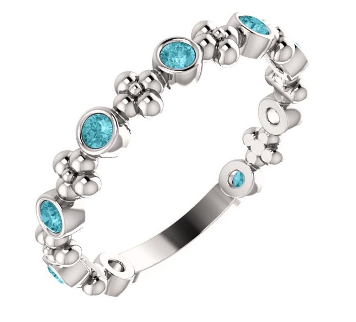  Genuine Blue Zircon Beaded Ring, Rhodium-Plated 14k White Gold 
