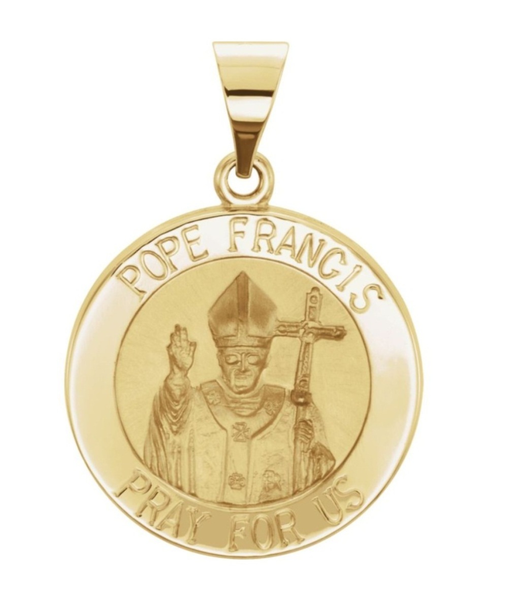 14k Yellow Gold Round Hollow Pope Francis Medal (18MM)