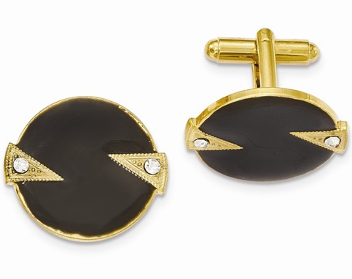 Gold-Tone White Crystal Black Enamel Round Cuff Links