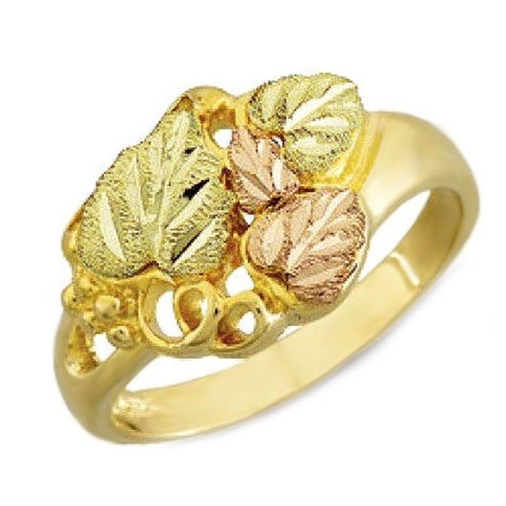 10k Yellow Gold Graduated Leaves and Grapes ring and Black Hills Gold motif.