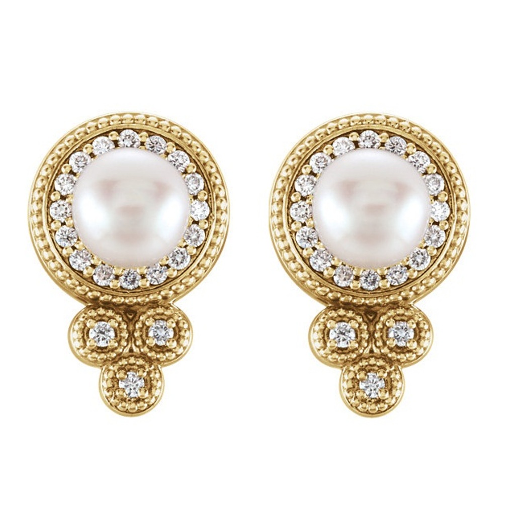 White Freshwater Cultured Pearl and Diamond Earrings