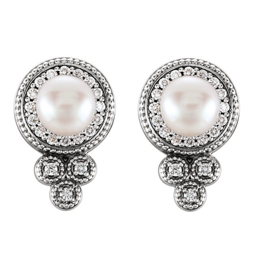 White Freshwater Cultured Pearl and Diamond Earrings