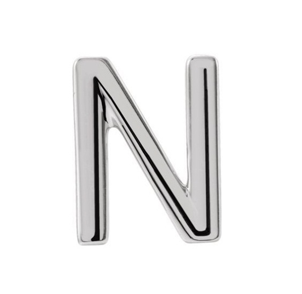 Initial Letter 'N' Rhodium-Plated 14k White Gold Stud Earring 