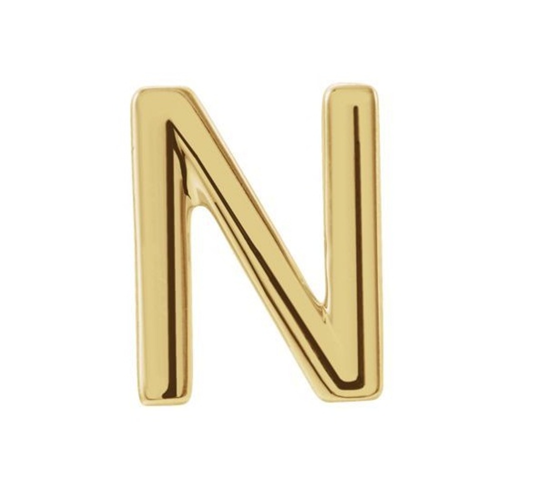 Initial Letter 'N' 14k Yellow Gold Stud Earring 