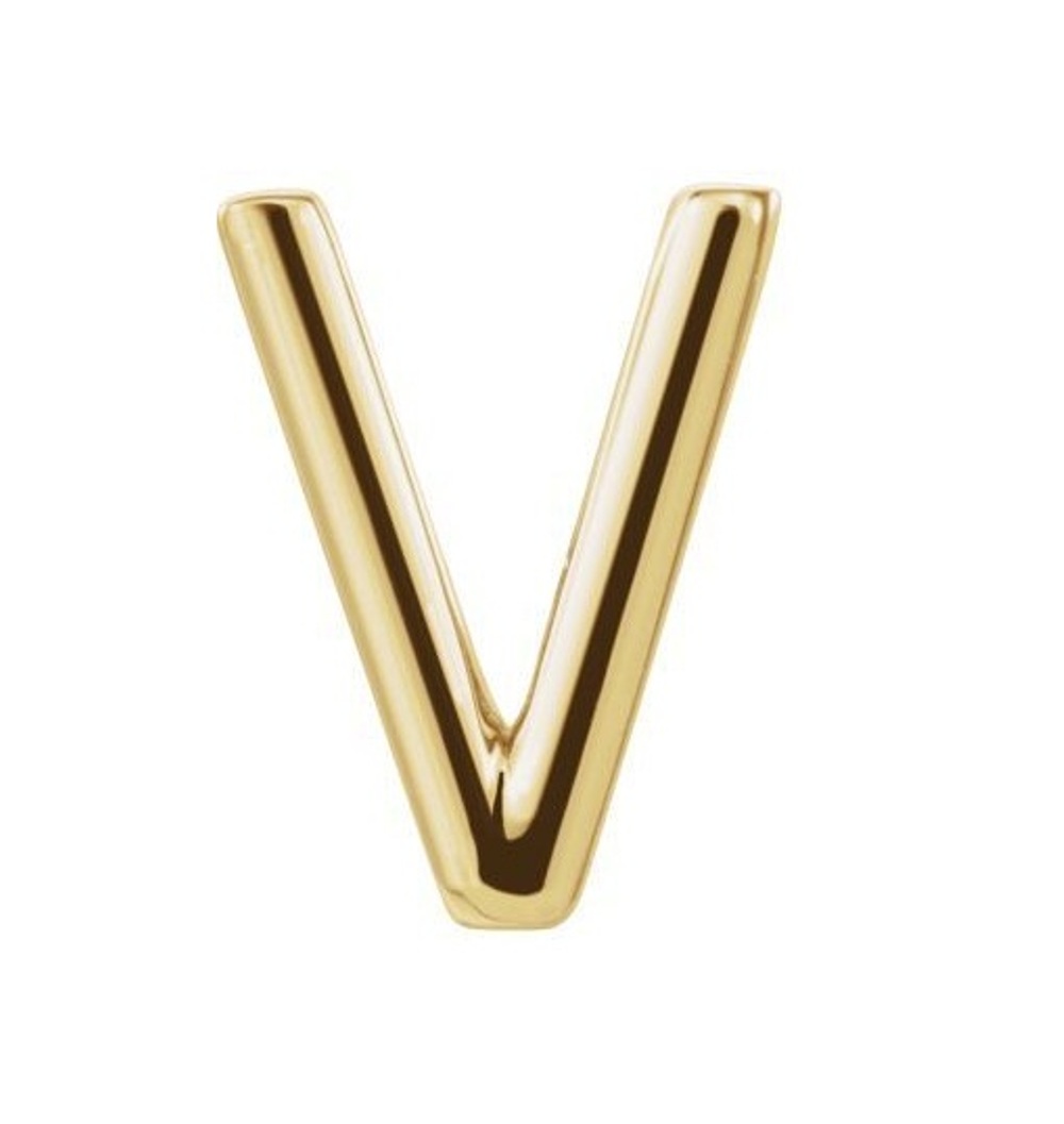 Initial Letter 'V' 14k Yellow Gold Stud Earring 