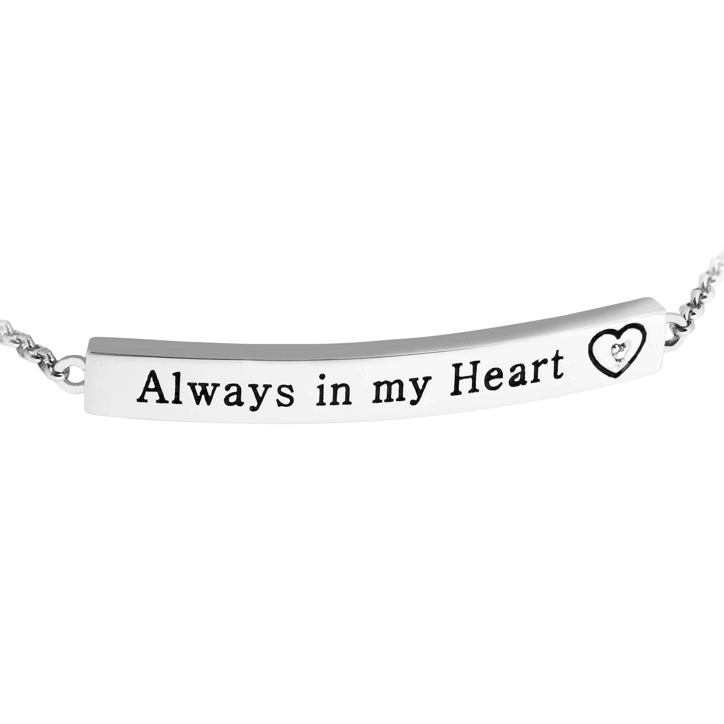 Diamond in Heart with Text on Horizontal Bar Pendant Necklace, Sterling Silver