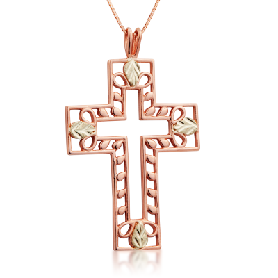 cross Pendant Necklace, 10k Yellow Gold, 12k Green and Rose Gold Black Hills Gold Motif Pendant Necklace 