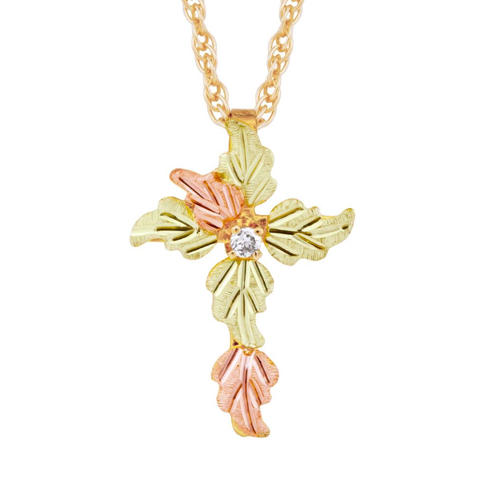 Cross with Diamond Pendant Necklace, 12k Green and Rose Gold Black Hills Gold Motif. 