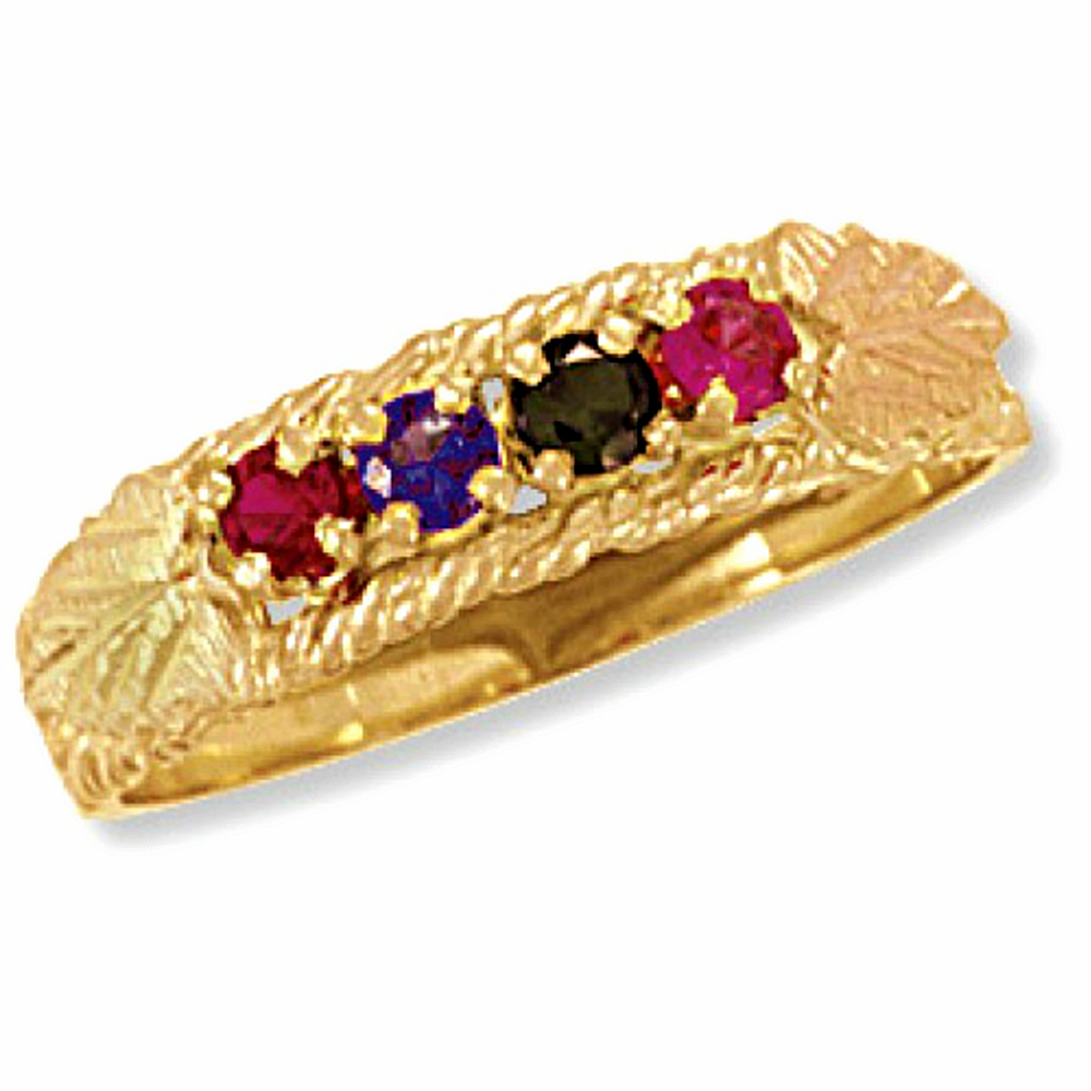 Round Genuine Ruby, Amethyst, Smoky Quartz with Engraved Design Mother's Ring, 10k Yellow Gold, 12k Green and Rose Gold Black Hills Gold Motf.