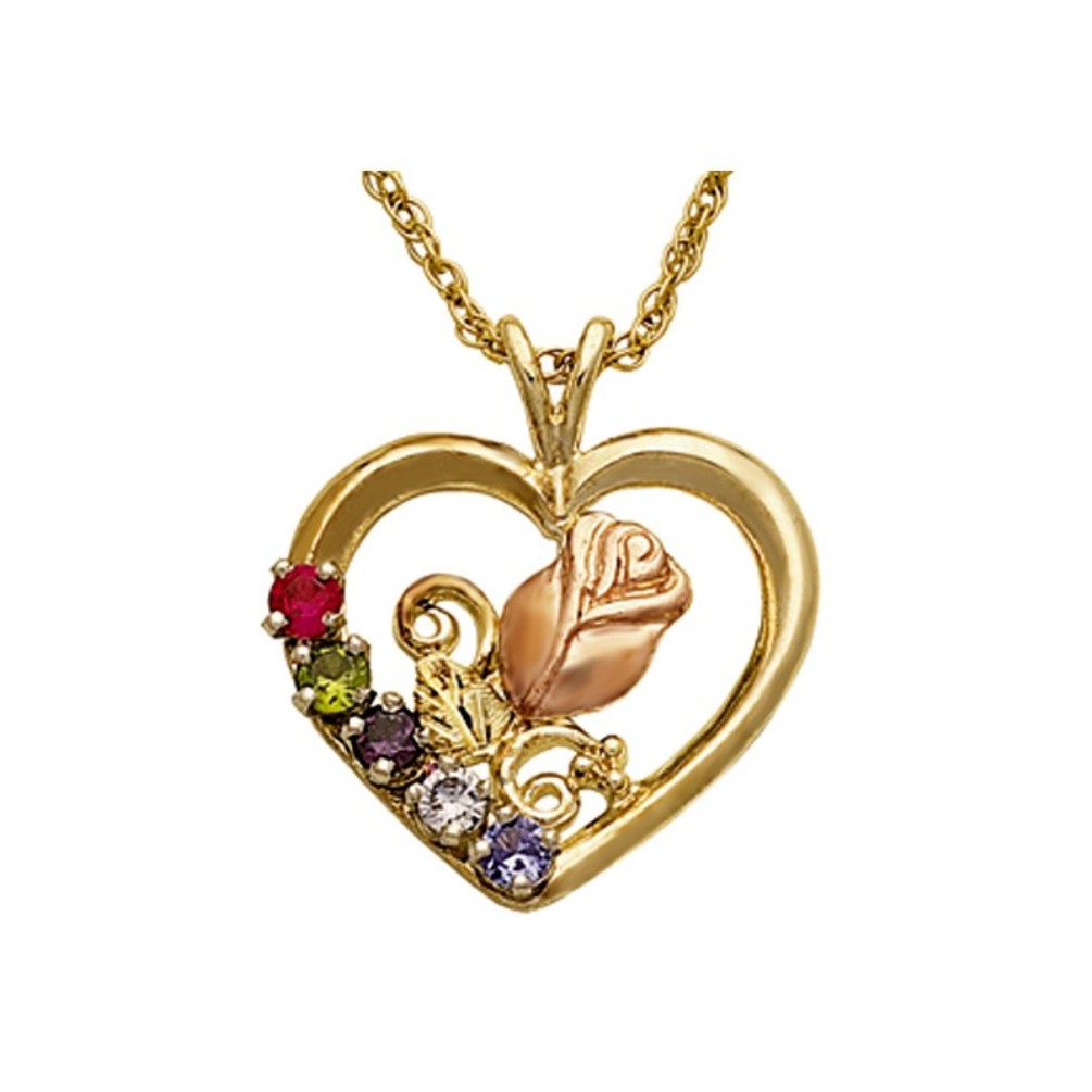 Black Hills Gold Necklace with five gemstone accents on a Heart shaped Pendant. 