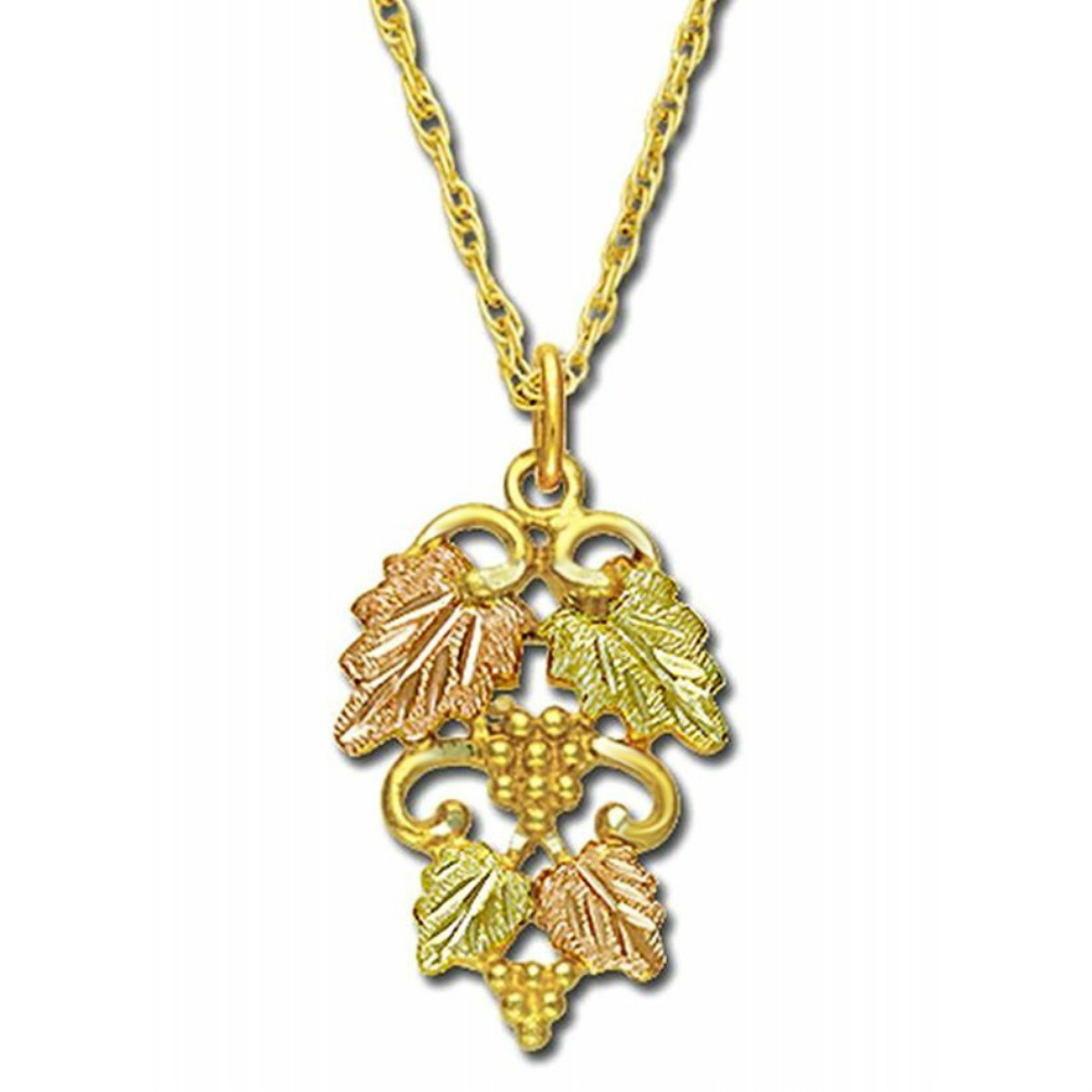 Black Hills Gold Necklace with double Grape Leaf Cluster Pendent. 
