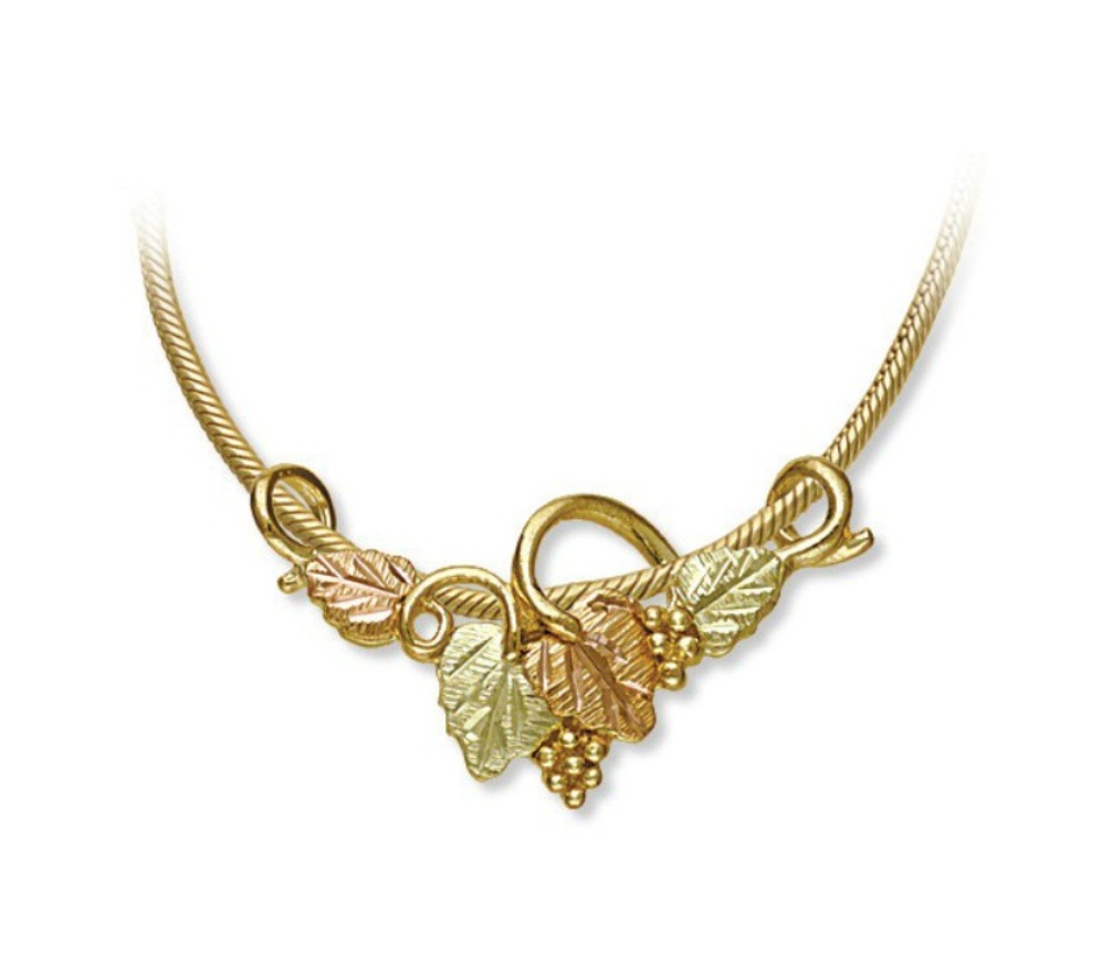 Black Hills Gold Necklace with Grape Leaf Cluster Slide Pendent. 